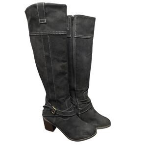 New Direction Black Suede Like Material Buckle Harness Strap High Heel Boots